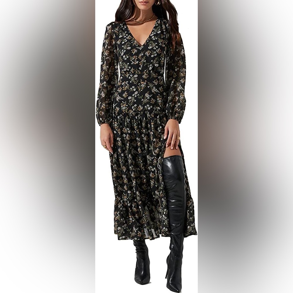 ASTR the label Floral Black Midi dress with slit and balloon sleeves